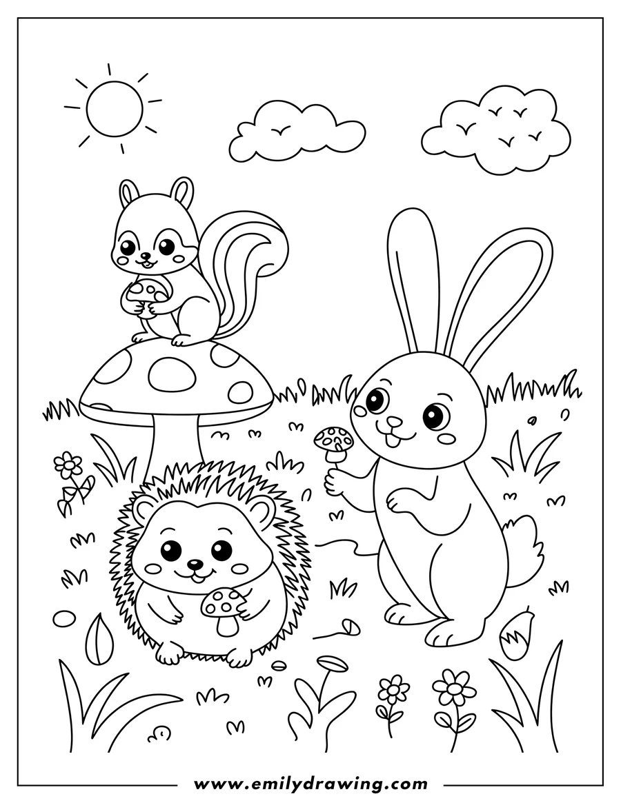 Line art of a hedgehog, squirrel, and rabbit holding mushrooms in a field. The squirrel sits on a large mushroom. Flowers, grass, and a sunny sky fill the background.