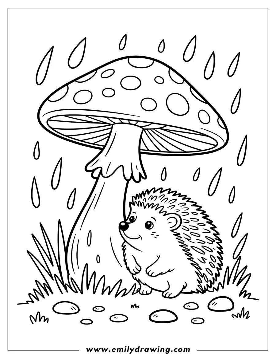 Outline of a hedgehog sheltering under a spotted mushroom in the rain.