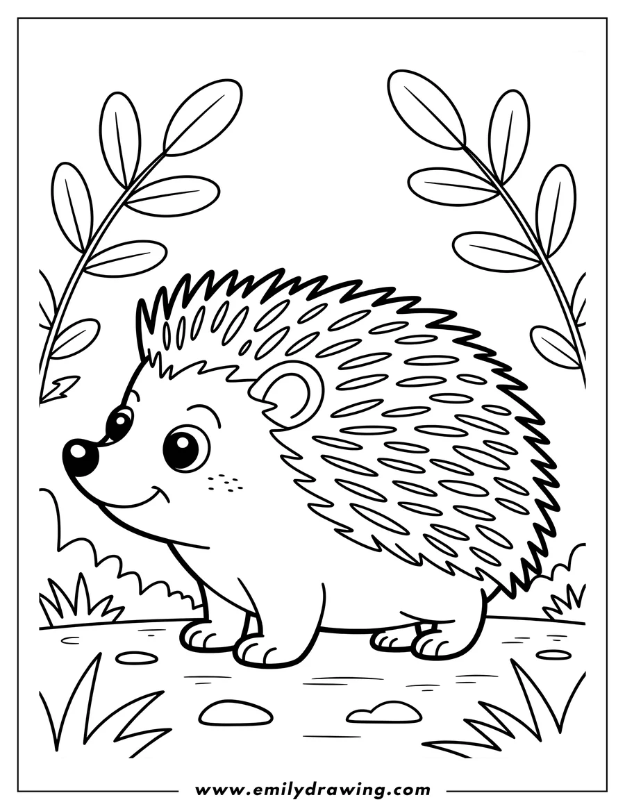 Outline of a hedgehog walking in a simple natural setting.