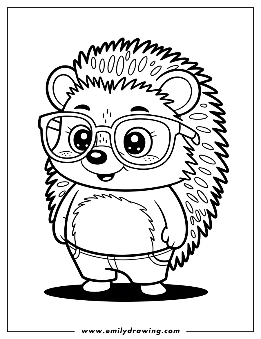 Outline of a hedgehog wearing glasses, smiling, and dressed in pants.