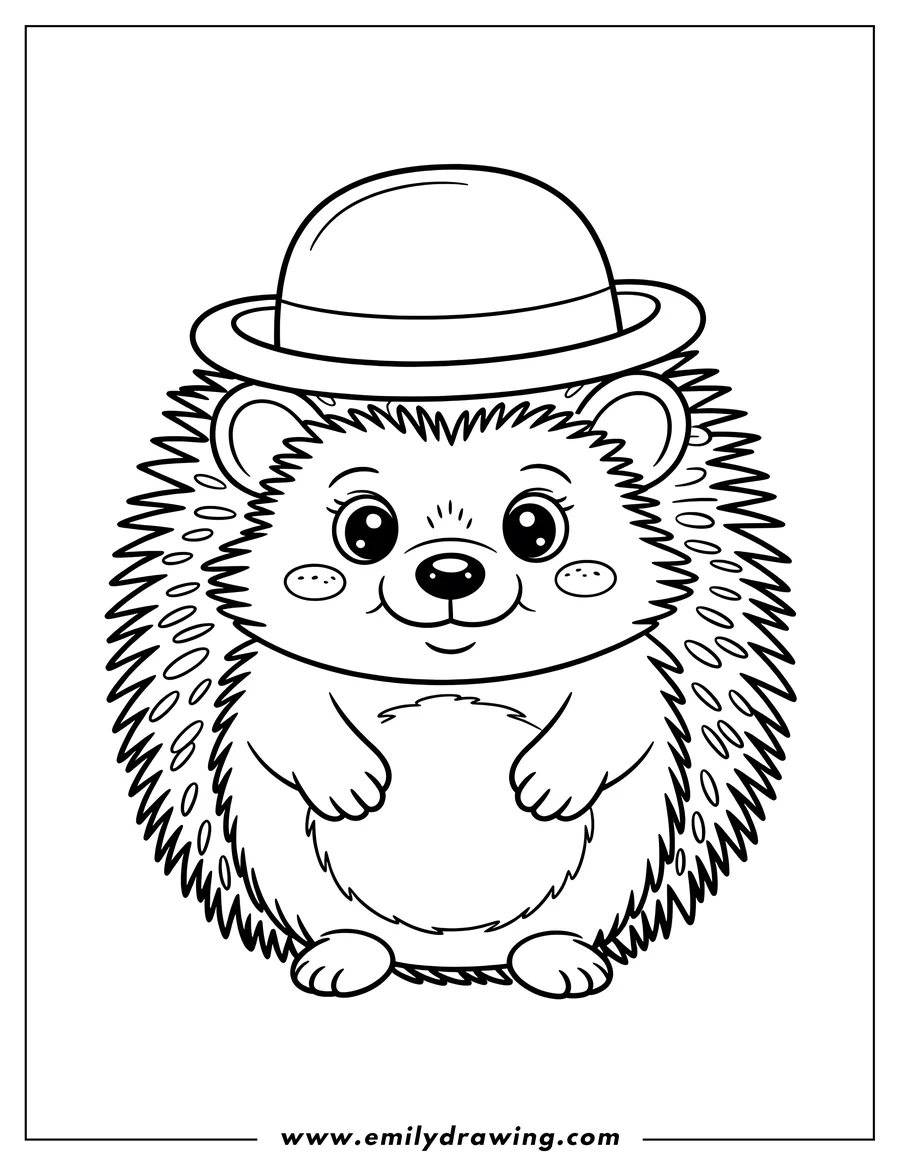 Outline of a hedgehog wearing a stylish hat, ready to be colored.