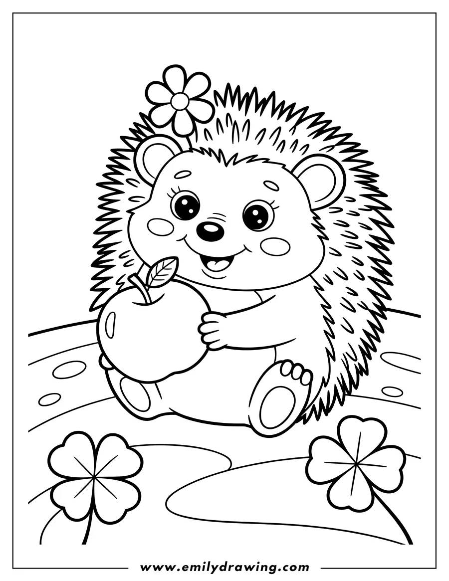 Outline of a hedgehog holding a large apple. It has a flower tucked into its spines and clovers on the ground around it.