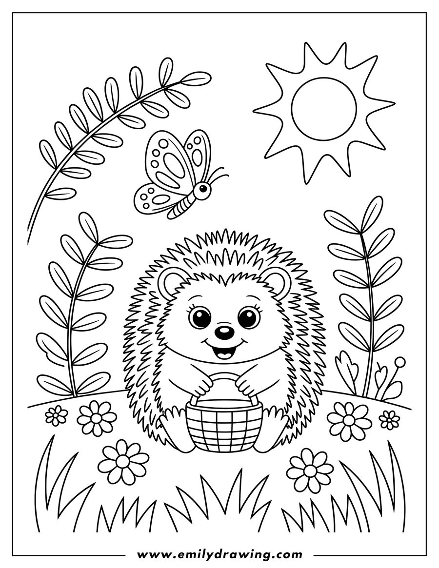 Outline of a hedgehog holding a basket in a sunny field with flowers, grass, and a butterfly.