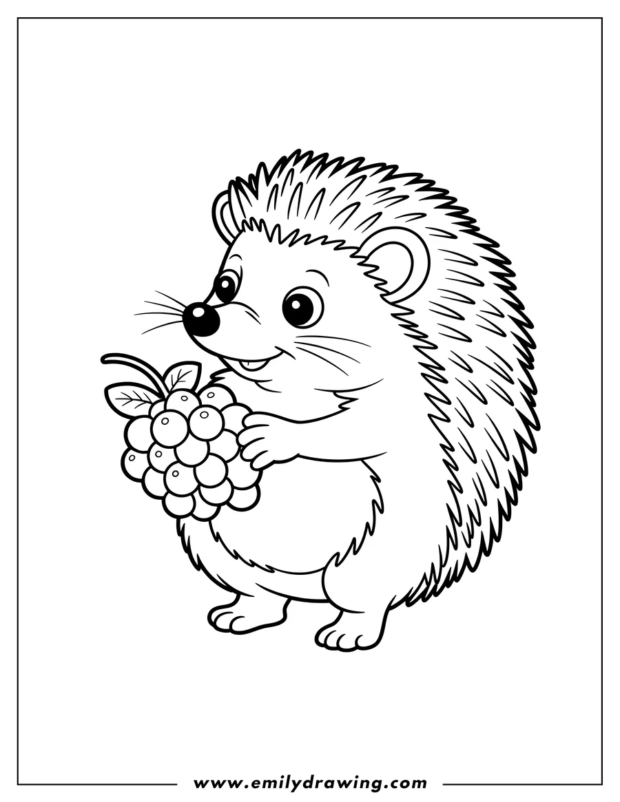 Outline of a hedgehog holding a cluster of berries. It looks happy and ready to enjoy a tasty snack.