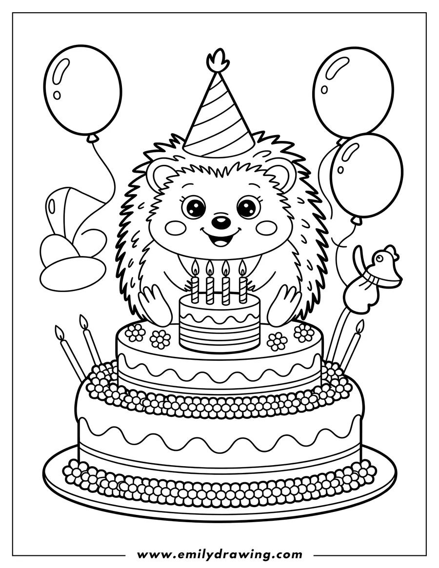 Line art of a hedgehog wearing a party hat and sitting behind a tiered birthday cake with lit candles. Balloons and a party favor float nearby.