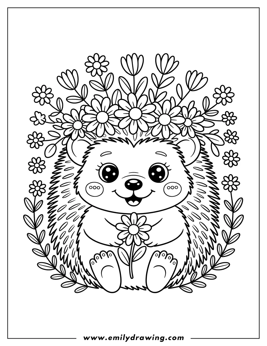 Outline of a hedgehog holding a daisy with a flower crown