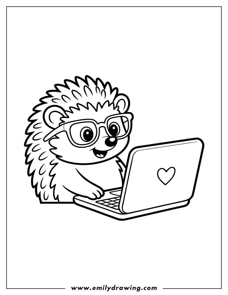 Line art of a hedgehog wearing glasses and using a laptop with a heart on the screen.