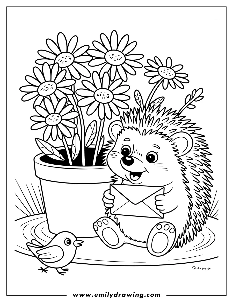 Outline of a hedgehog sitting by a flower pot and holding a letter. A small bird is nearby