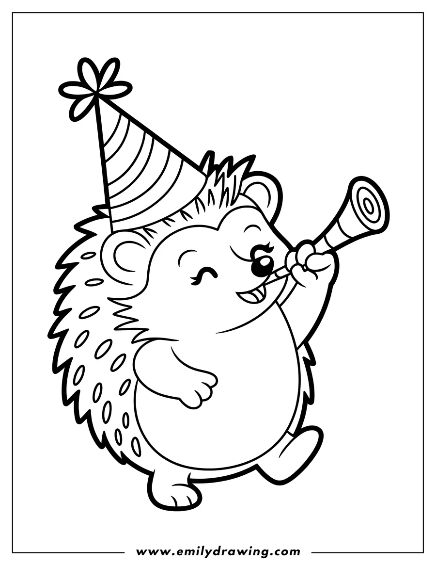 Line art of a hedgehog wearing a party hat and blowing a party horn.
