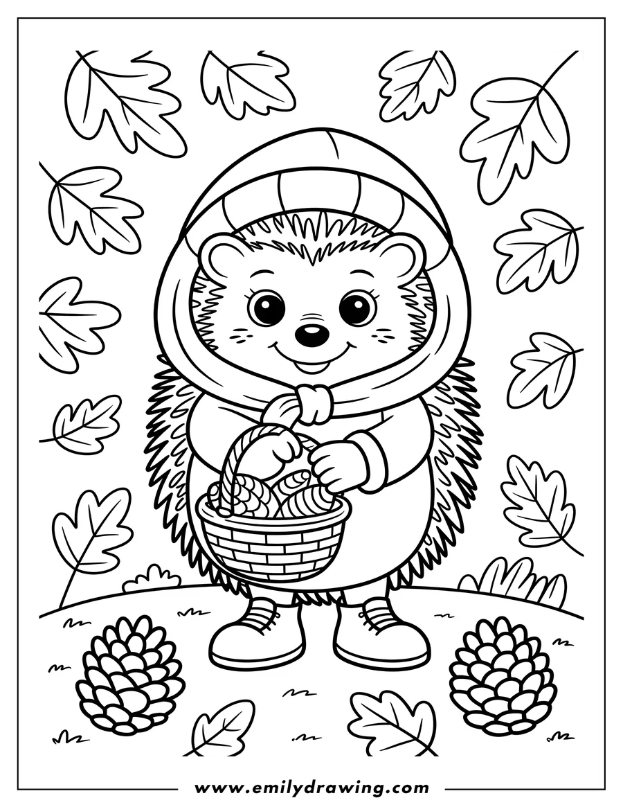 Outline of a hedgehog wearing a hoodie and holding a basket filled with pine cones. Fallen leaves and additional pine cones are scattered on the ground around the hedgehog.