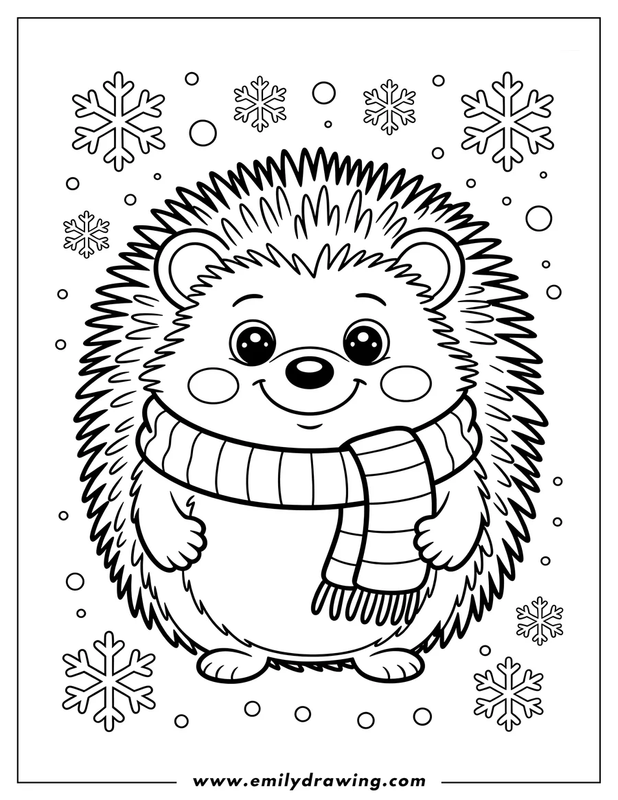 Line art of a hedgehog wearing a striped scarf, surrounded by snowflakes.