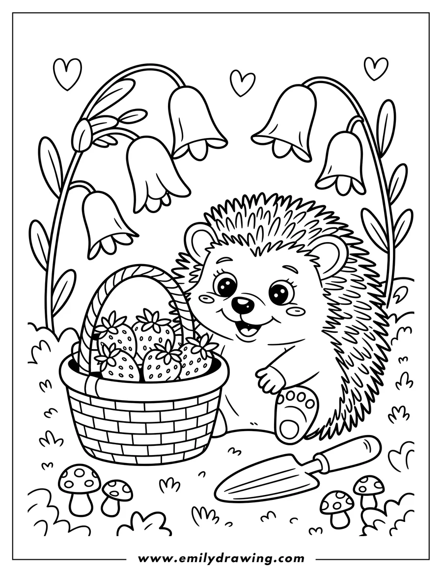 Line art of a hedgehog with a basket of strawberries, a small trowel, mushrooms, and flowers.