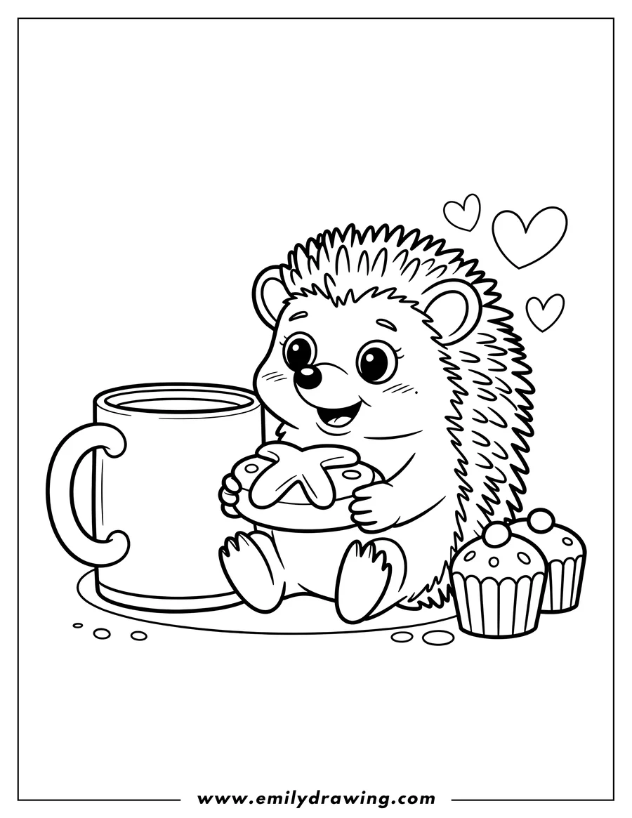 Outline of a hedgehog holding a star-shaped cookie, with a mug and cupcakes nearby.