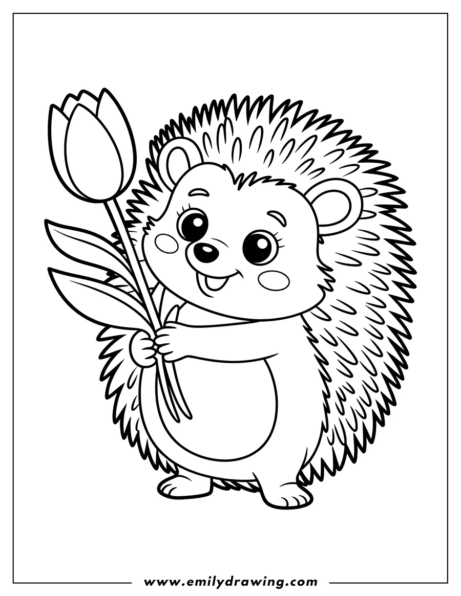 Line art of a hedgehog holding a tulip.
