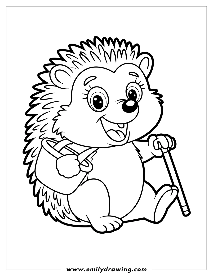 Outline of a cheerful hedgehog with a walking stick and a small bag over his shoulder.