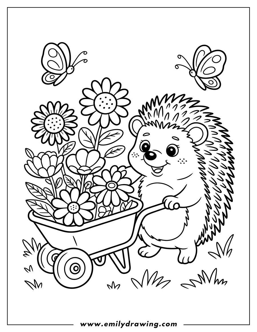 Outline of a hedgehog pushing a wheelbarrow full of flowers, with two butterflies nearby.