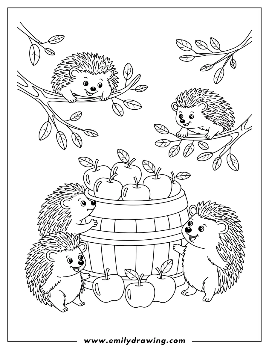 Outline of four hedgehogs and a barrel full of apples. Two hedgehogs are in a tree, and two are beside the barrel on the ground.