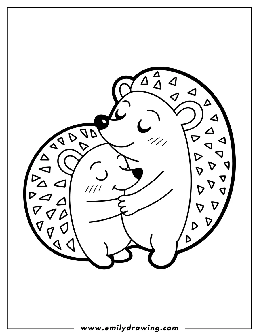 Outline of two hedgehogs hugging. The larger hedgehog embraces the smaller one, creating a heartwarming scene.