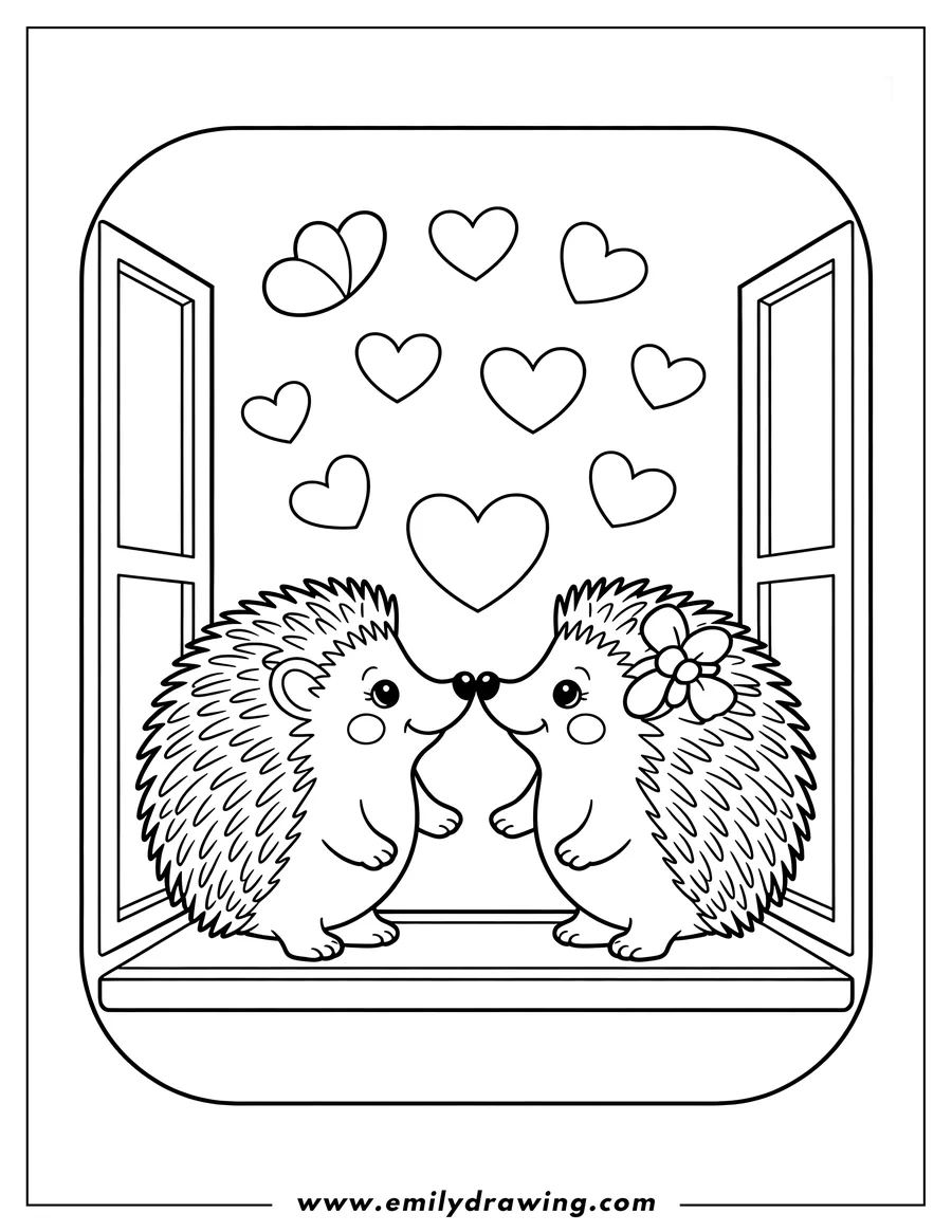 Two hedgehogs standing on a windowsill, looking at each other. There are hearts floating above them.