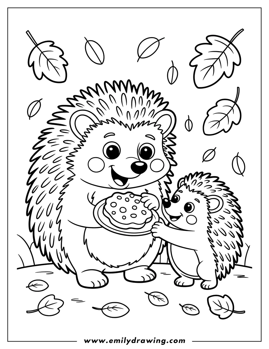 Two friendly hedgehogs sharing a plate of cookies outdoors with falling leaves. Perfect for autumn or fall-themed coloring fun.