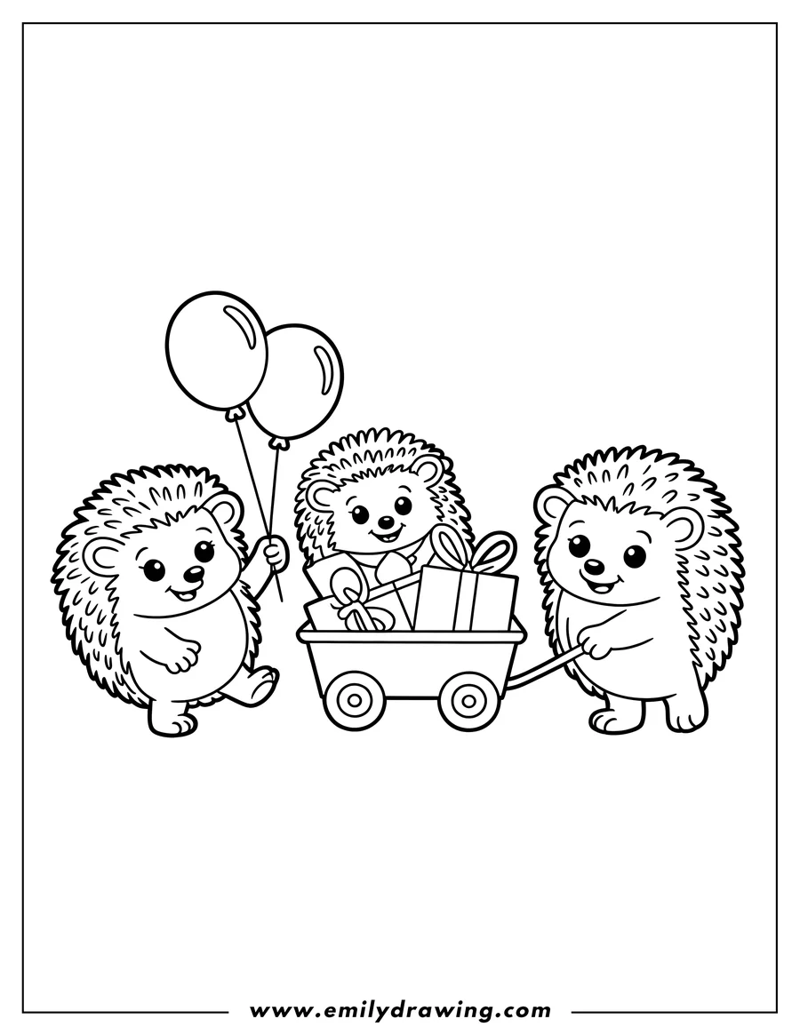 Three hedgehogs, one holding balloons, one pulling a wagon with presents, and another walking alongside.