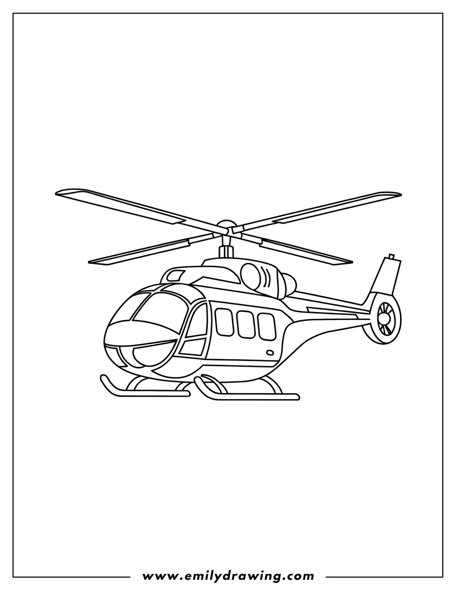 Simple outline of a helicopter with spinning rotors and landing skids.