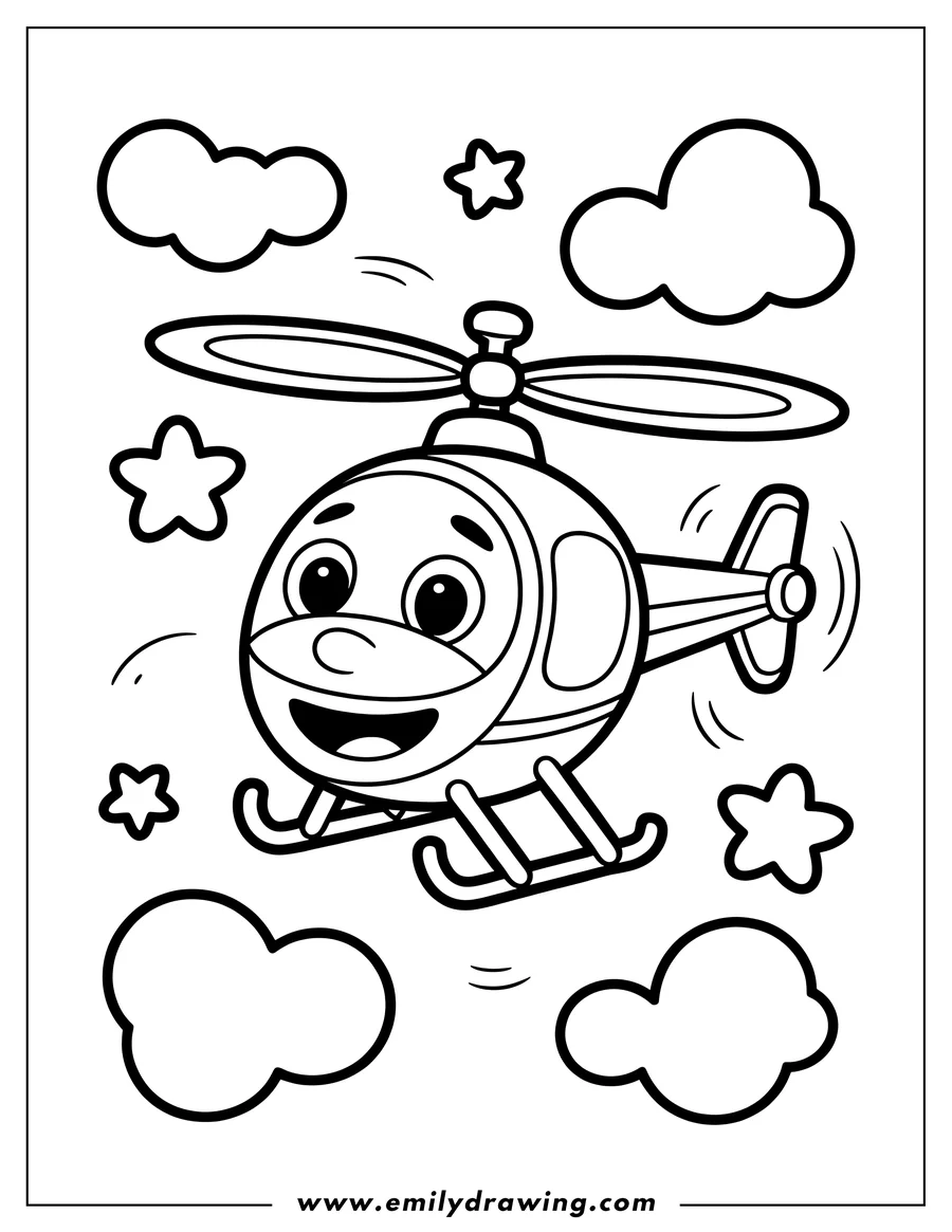 Outline of a happy helicopter flying among clouds and stars.