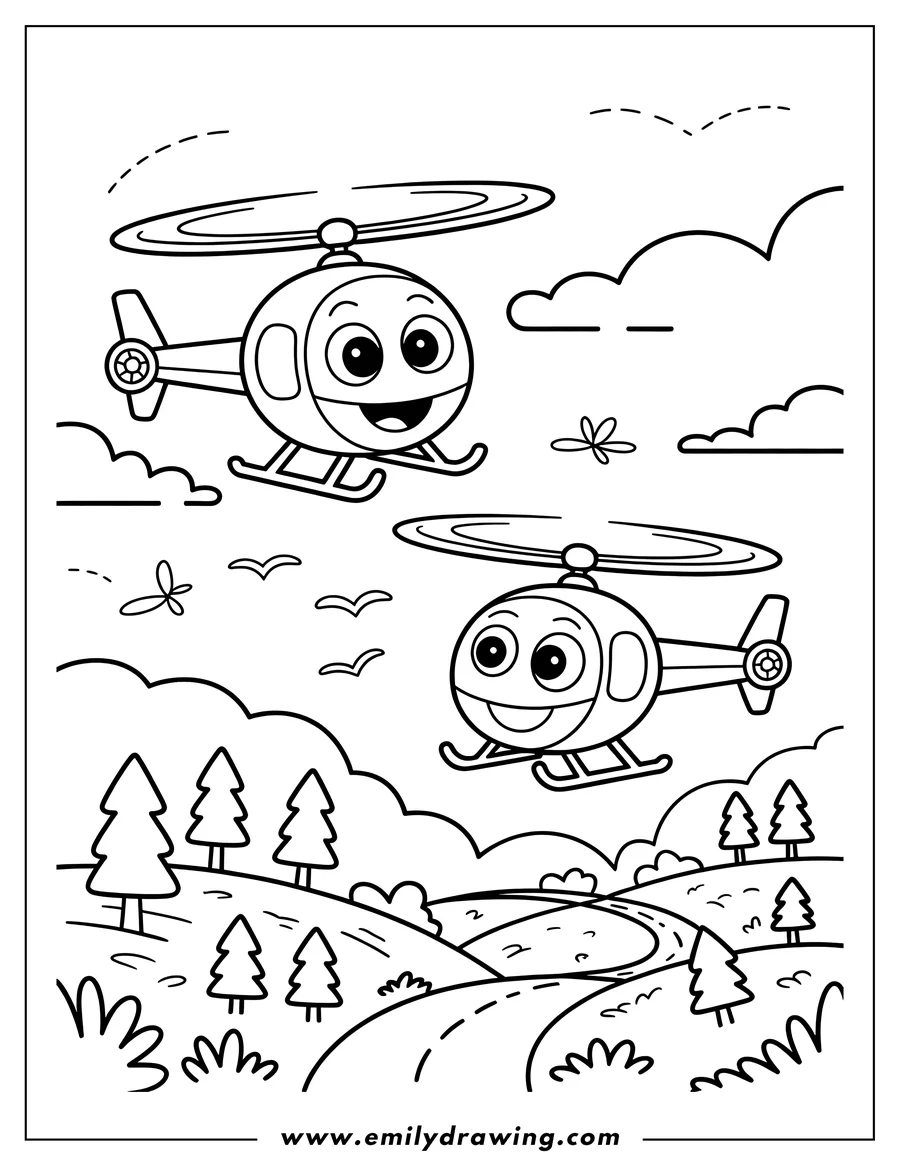 Two smiling helicopters fly over a hilly landscape with trees and a winding road.