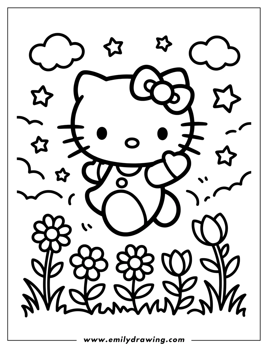 Outline of Hello Kitty floating above a patch of flowers and grass, with clouds and stars in the sky.