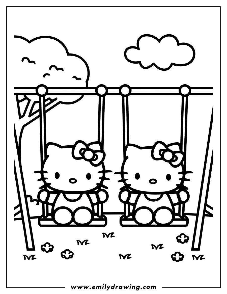 Outline of Hello Kitty and Mimmy sitting on swings at the park, beneath a tree and a fluffy cloud.