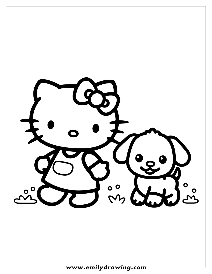 Hello Kitty with a bow in her hair stands beside a small, happy puppy.