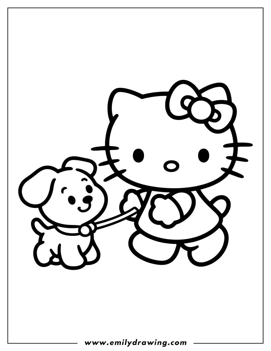 Hello Kitty walking a small puppy on a leash.