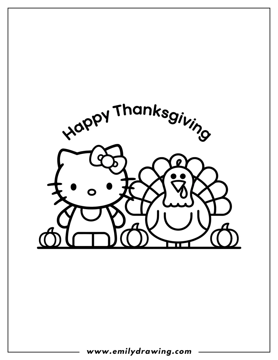 Line art of Hello Kitty and a turkey standing with pumpkins for Thanksgiving. The text