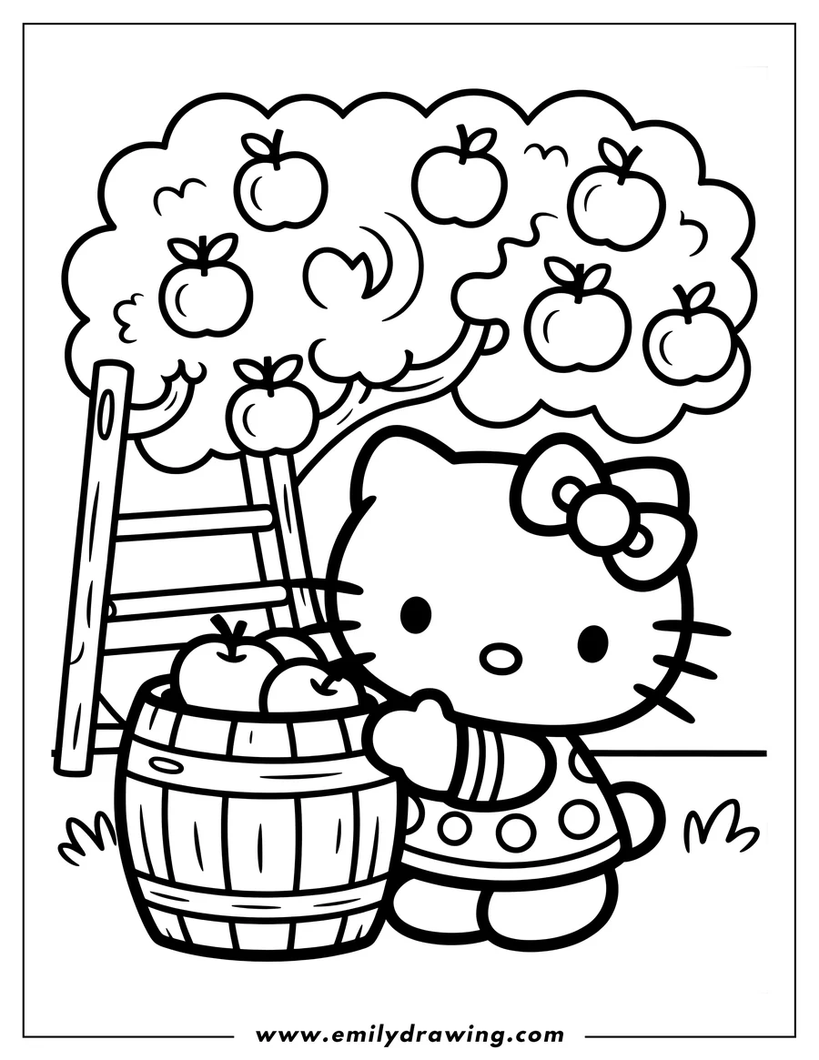 Outline of Hello Kitty standing next to a barrel of apples, with an apple tree and ladder in the background.