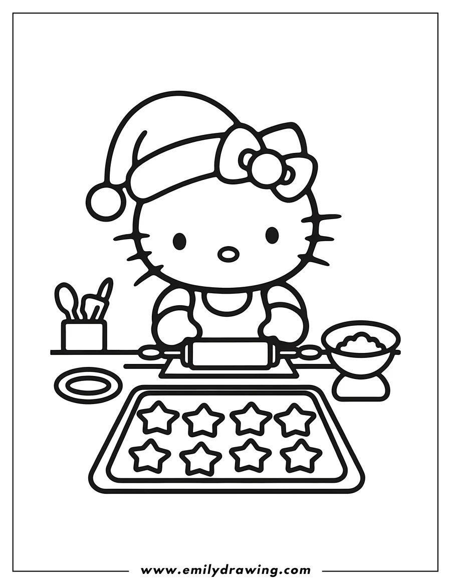 Line art of Hello Kitty wearing a Santa hat and baking star-shaped cookies. She uses a rolling pin to flatten the dough, with a tray of star cookies and a bowl of batter nearby.