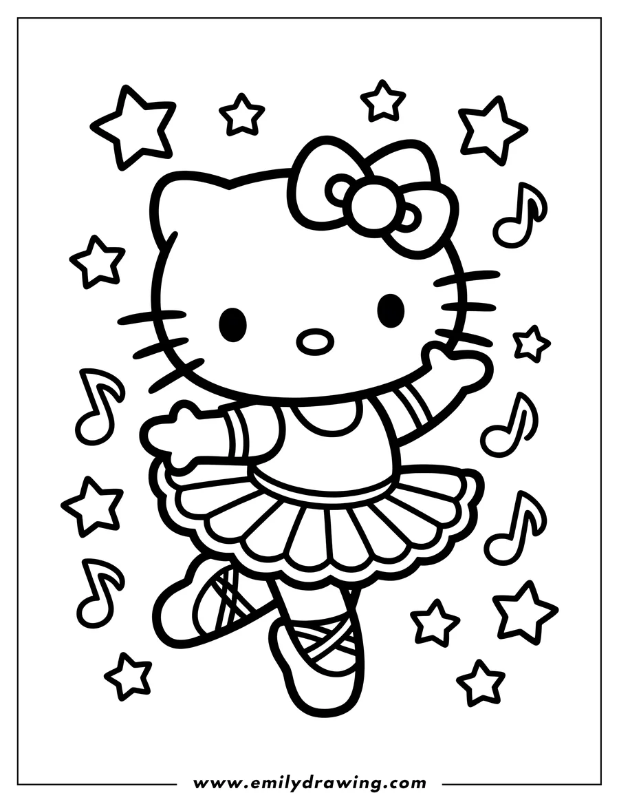Outline of Hello Kitty dressed as a ballerina, dancing gracefully with music notes and stars around her.