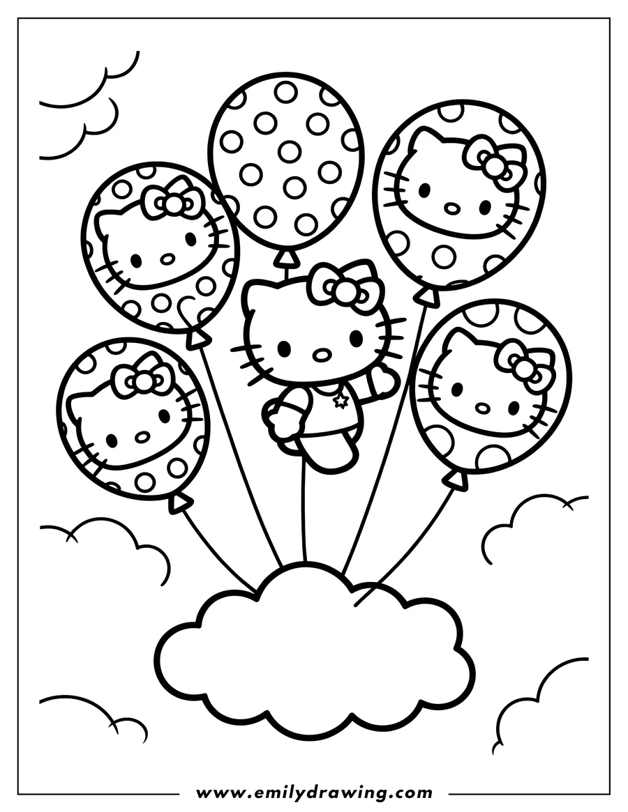 Hello Kitty floats on a cloud, holding five balloons. Four of the balloons feature Hello Kitty's face.