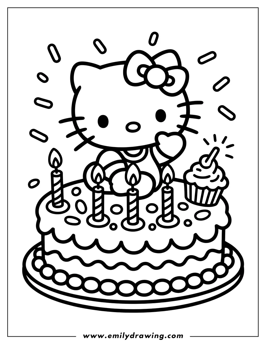 Outline of Hello Kitty sitting on a birthday cake with candles and a cupcake.