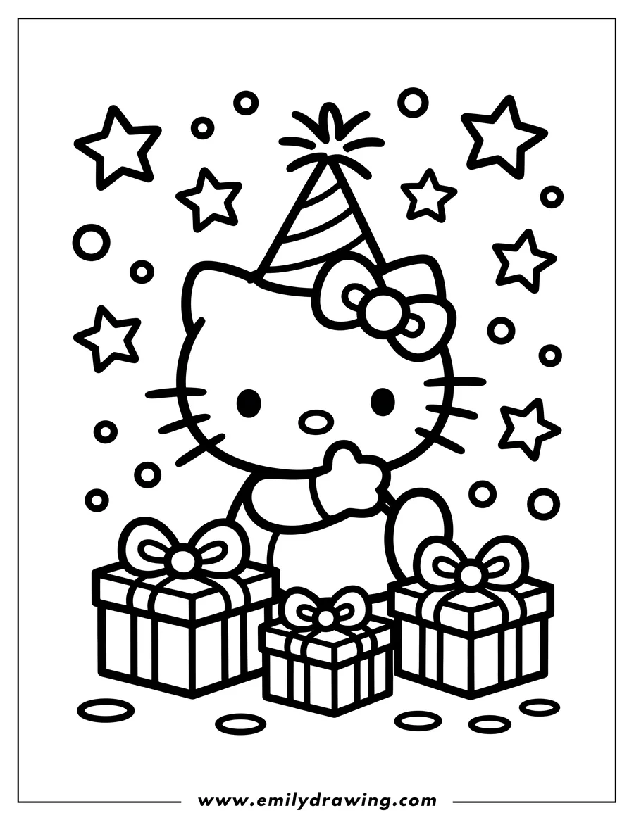 Line art of Hello Kitty wearing a party hat and sitting with three birthday presents, surrounded by stars and circles.
