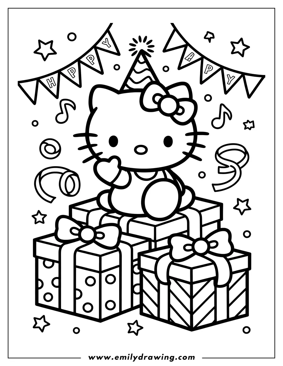 Outline of Hello Kitty sitting on a stack of birthday gifts, wearing a party hat and bow, surrounded by festive decorations.