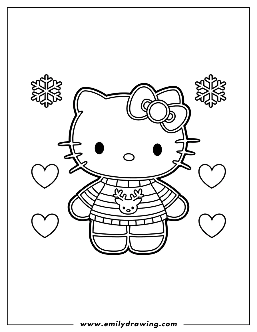 Line art of Hello Kitty wearing a Christmas sweater with a reindeer design. Snowflakes and hearts decorate the background.