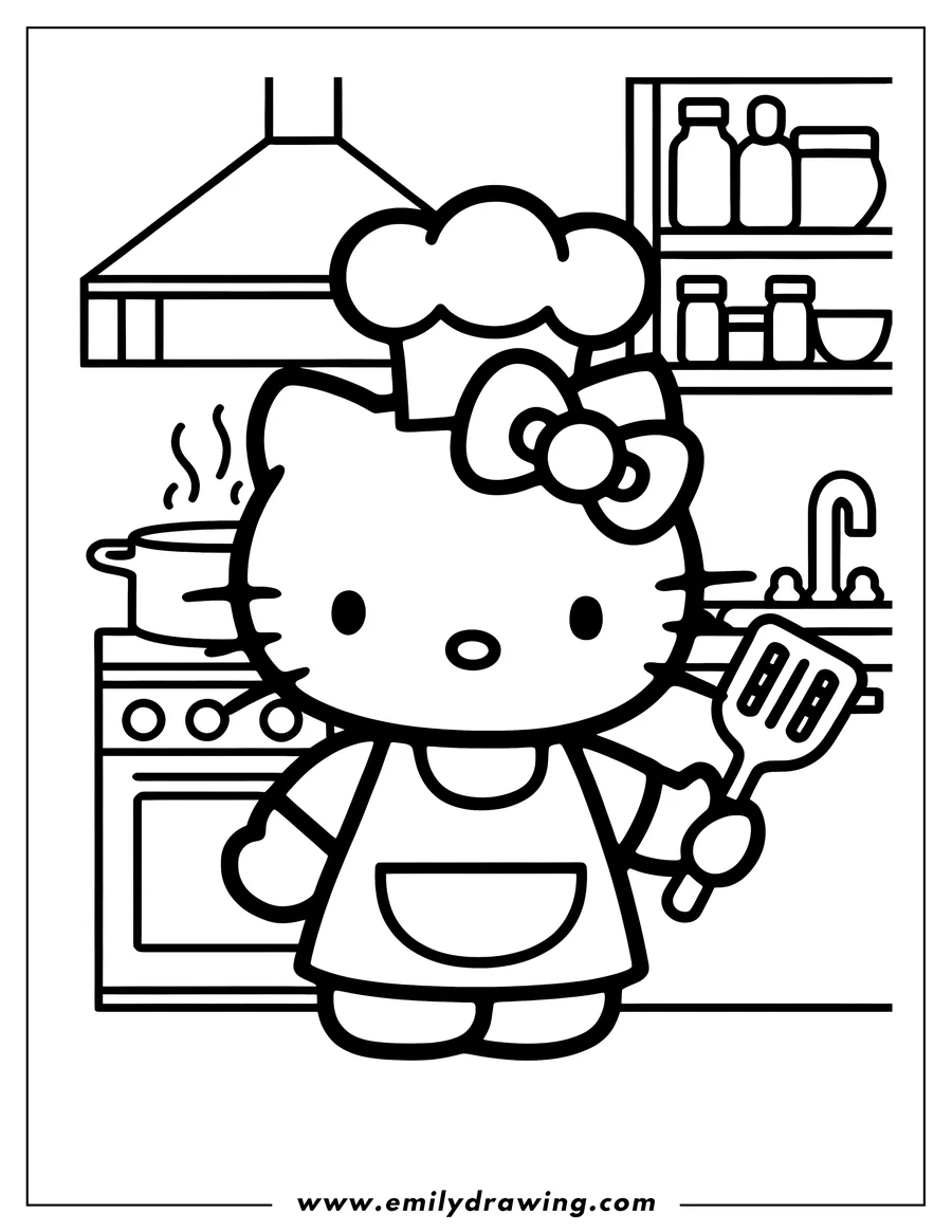 Outline of Hello Kitty wearing an apron and chef's hat, holding a spatula in the kitchen. A pot is steaming on the stove and various jars are visible on shelves.