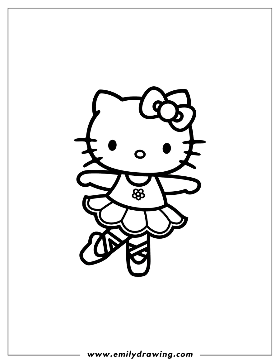 Line art of Hello Kitty in a dancing pose, wearing ballet shoes and a bow.