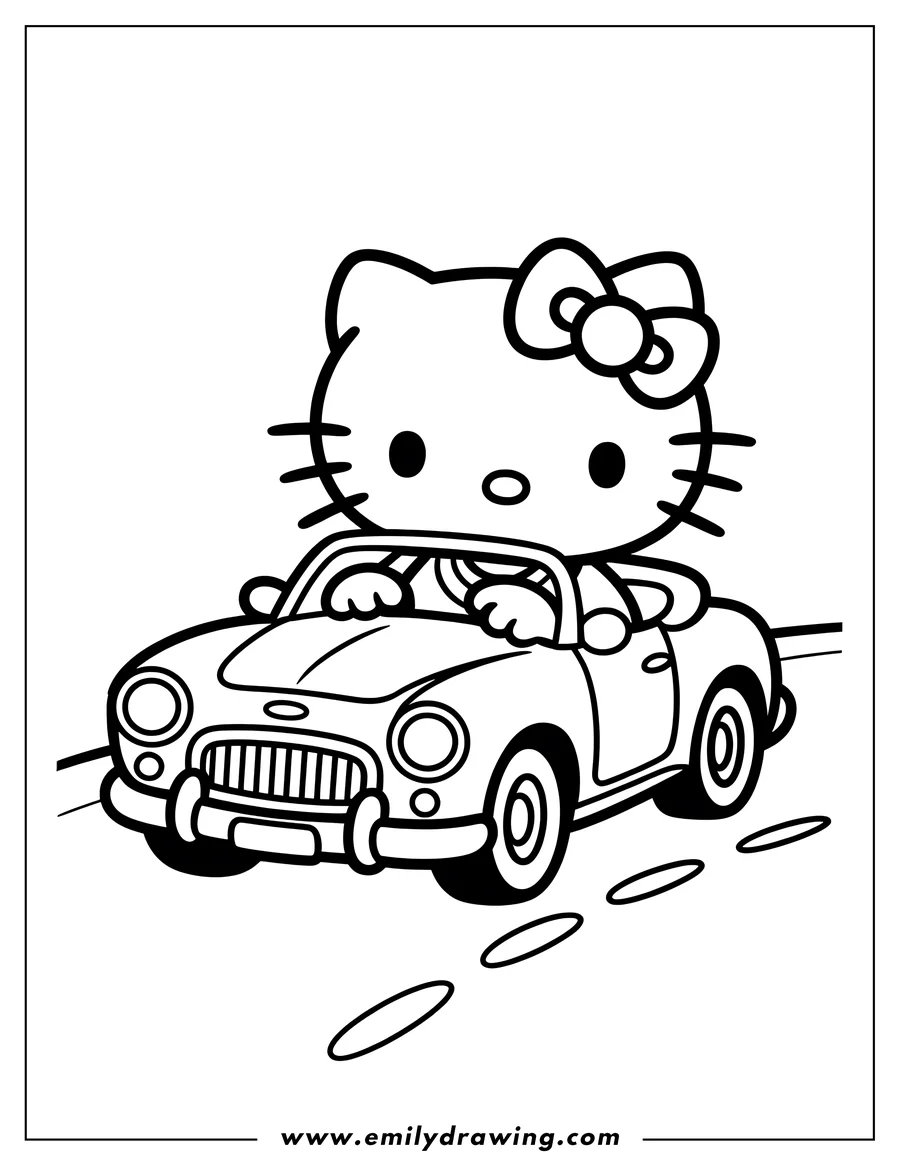 Hello Kitty driving a convertible car.