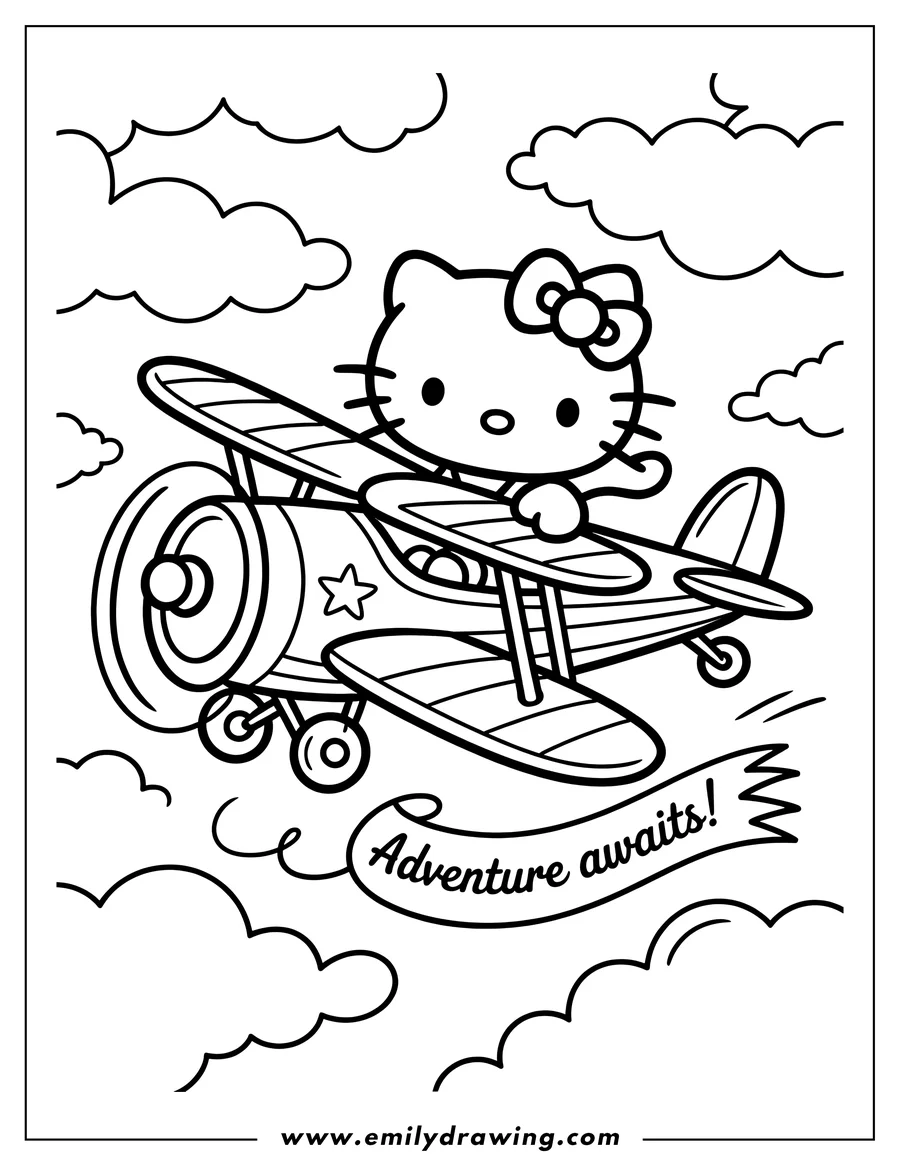 Hello Kitty piloting a plane through the clouds. A banner trails behind her, reading 'Adventure awaits!'.