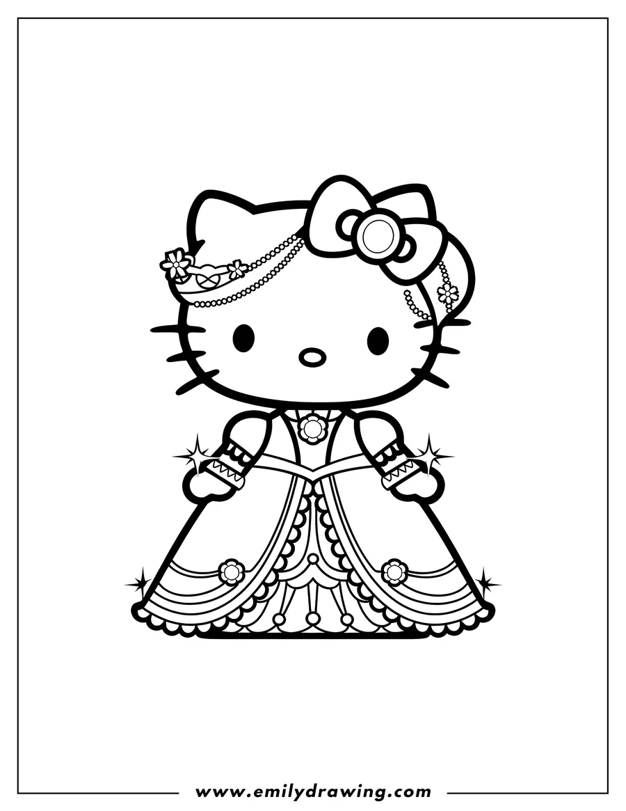 Outline of Hello Kitty wearing a large gown with ruffles, flowers, and sparkling details. She has a bow and jewelry.