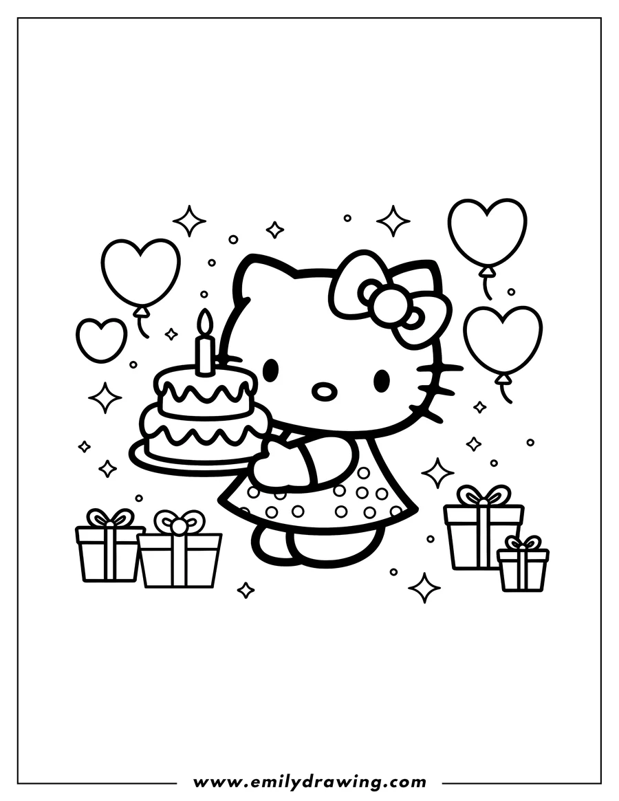 Line art of Hello Kitty holding a birthday cake with a single candle. Heart shaped balloons and presents surround her.