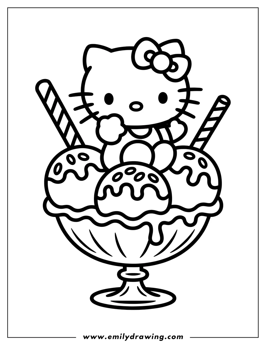 Outline of Hello Kitty sitting on top of a large ice cream sundae with scoops, wafers, and dripping syrup