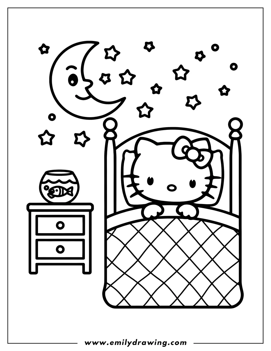 Outline of Hello Kitty in bed under a smiling crescent moon and stars. A fishbowl sits on a nightstand beside the bed.