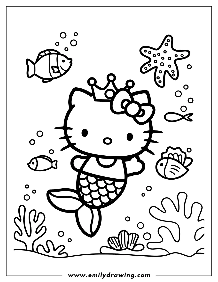 Outline of Hello Kitty as a mermaid, swimming underwater with a crown and surrounded by small fish, starfish, and seaweed.
